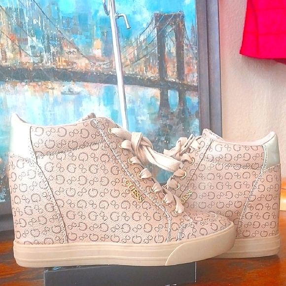 Guess Shoes - Like New! Guess Women's Tan And Brown Logo G Hightop Lace Up Wedge Sneakers 8.5